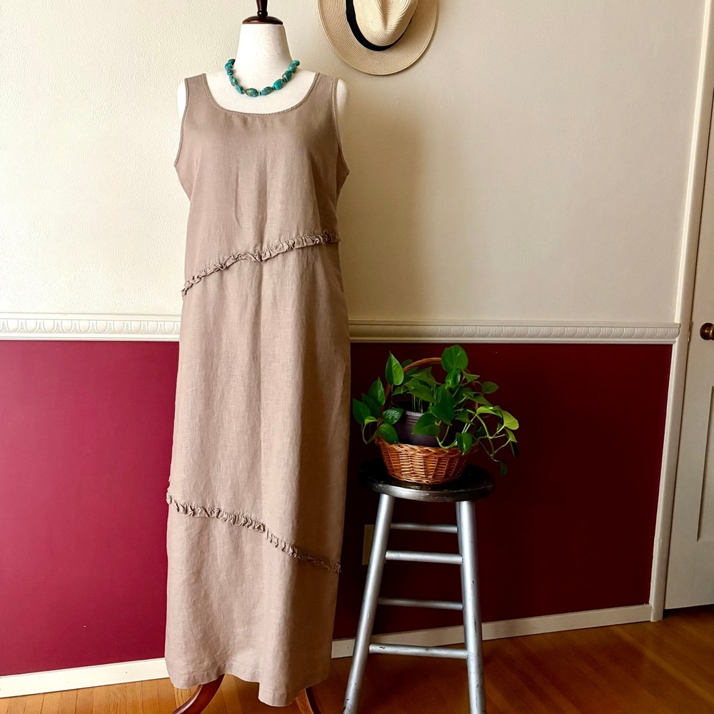 Vintage Sweet Jessie Sleeveless Linen Maxi Dress XL Tan Ruffle Lagenlook Neutral